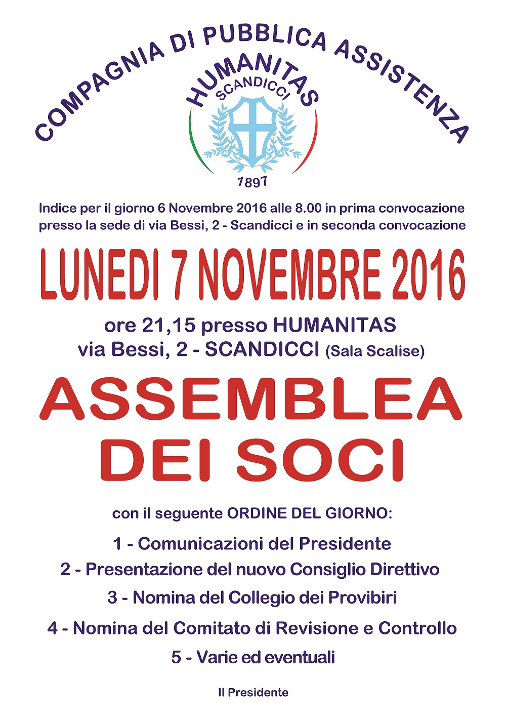 L'ASSEMBLEA DEI SOCI HUMANITAS CONVOCATA PER